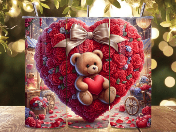 Bear Heart Flower Petal Tumbler Wrap PNG