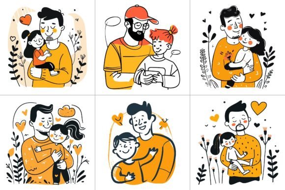 Dad Son Daughter Vector Flat Illustration for Creative Design Projects