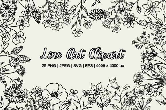 Forest Wildflowers Line Art Clipart Set