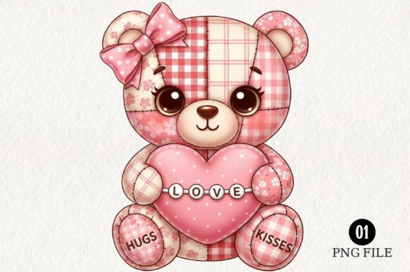 Patchwork Teddy Bear Valentine PNG