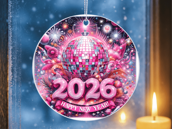 Pink Disco Ball 2026 Retro Ornament PNG