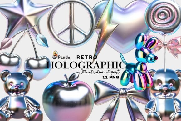Retro Holographic Clipart PNG Bundle