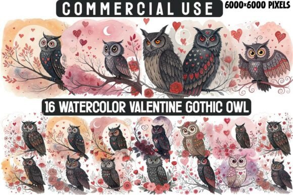Watercolor Valentine Gothic Owls PNG